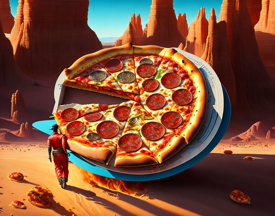 Astronaut approaching giant floating pizza slice in surreal Mars-like landscape