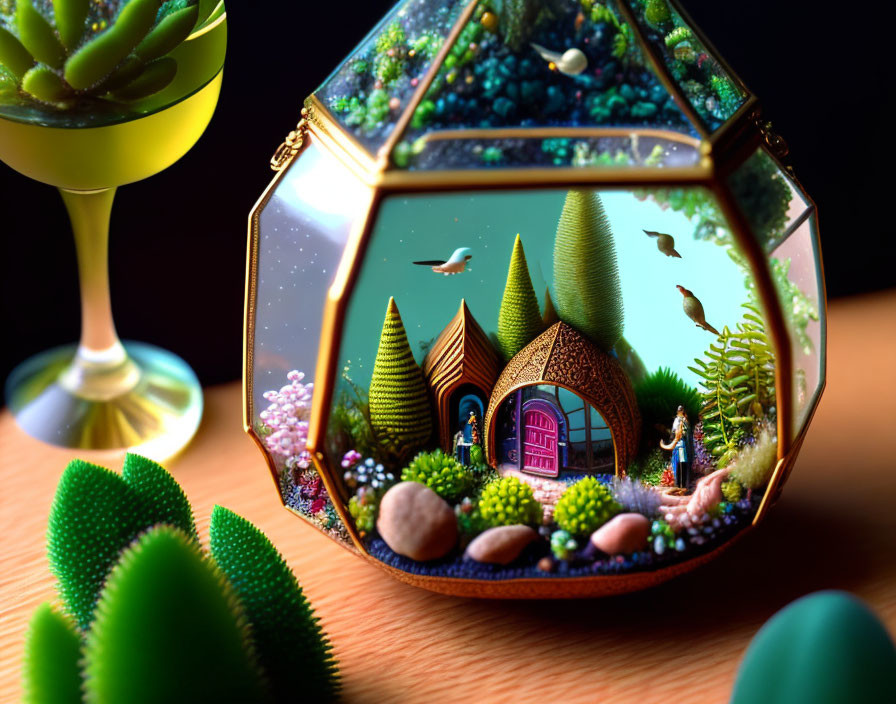 Miniature fantasy terrarium with trees, house, figures, wine glass, and succulents