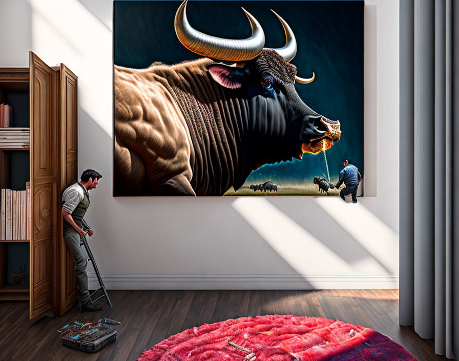 Surreal bull painting in modern room with vacuuming man