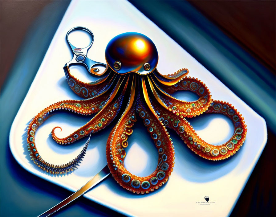 Octopus illustration with metallic sheen next to scissors on blue surface