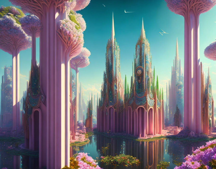 Fantasy landscape with pink trees, crystal castle, vibrant flora, and floating spires