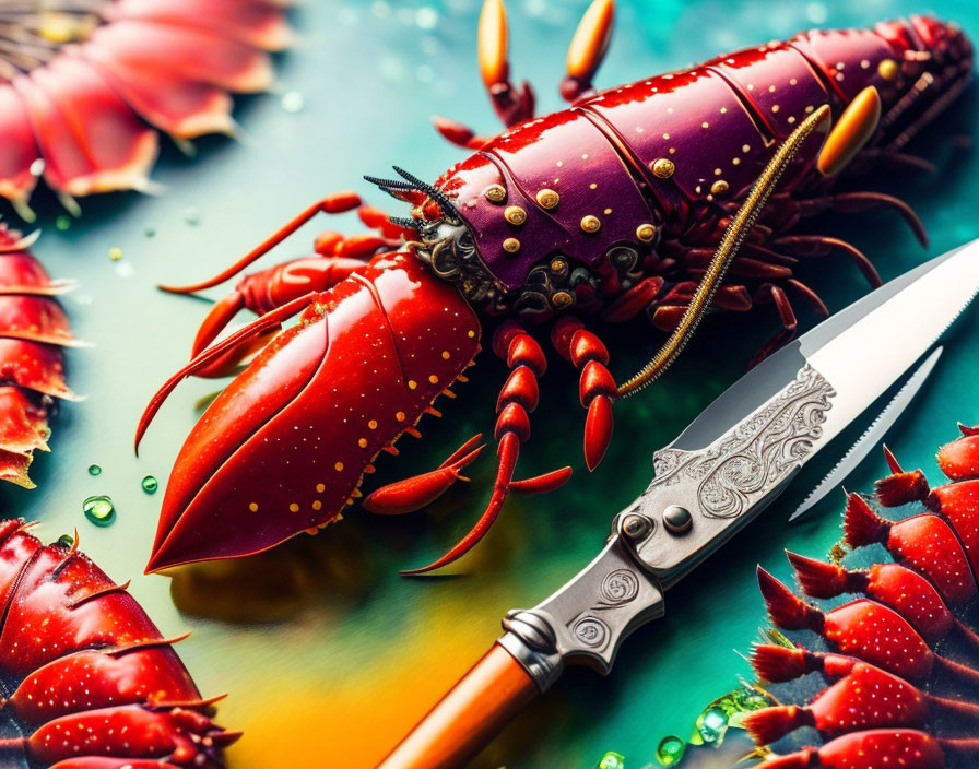 Colorful Arrangement of Lobsters with Decorative Knife on Wet Surface