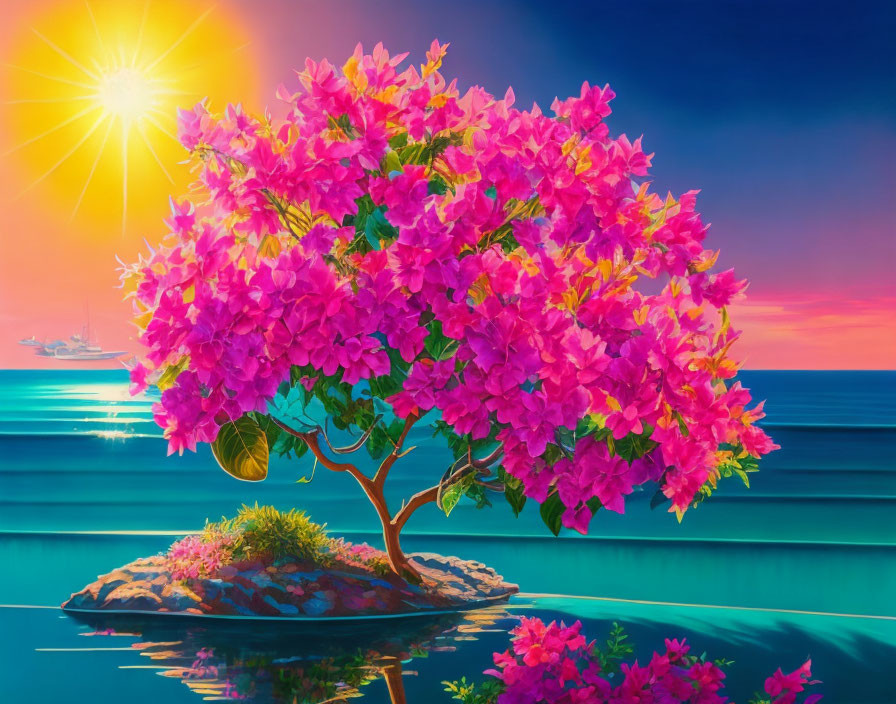 Vibrant pink bougainvillea tree on small island with blue sea and sunset.