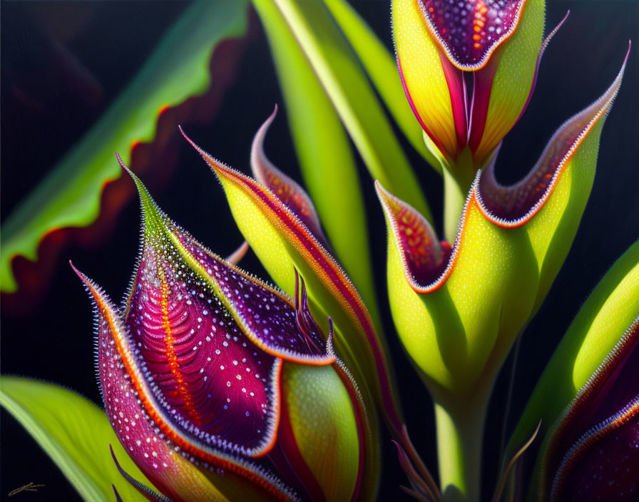 Colorful surreal painting of exotic flowers with luminous petals and green leaves.