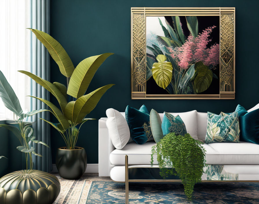 Modern living room with deep green walls, white sofa, teal pillows, large plant, golden table,