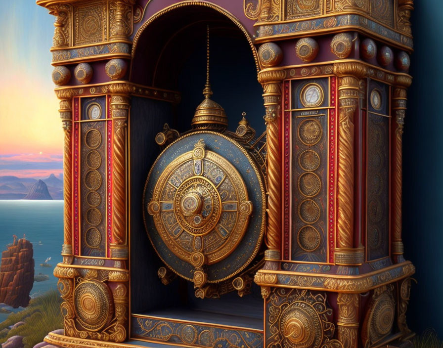 Luxurious Golden Vault Door in Ornate Coastal Setting