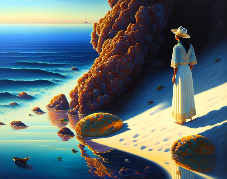 Woman in hat gazes at sea with cliffs and boat under vibrant sunset