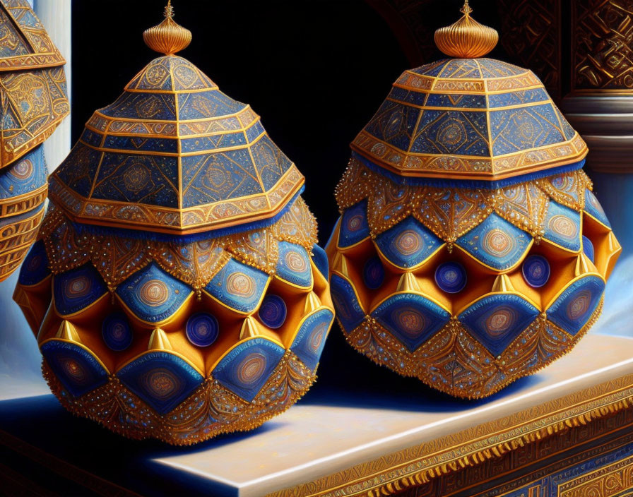 Ornate blue and gold patterned eggs on white platform with architectural backdrop