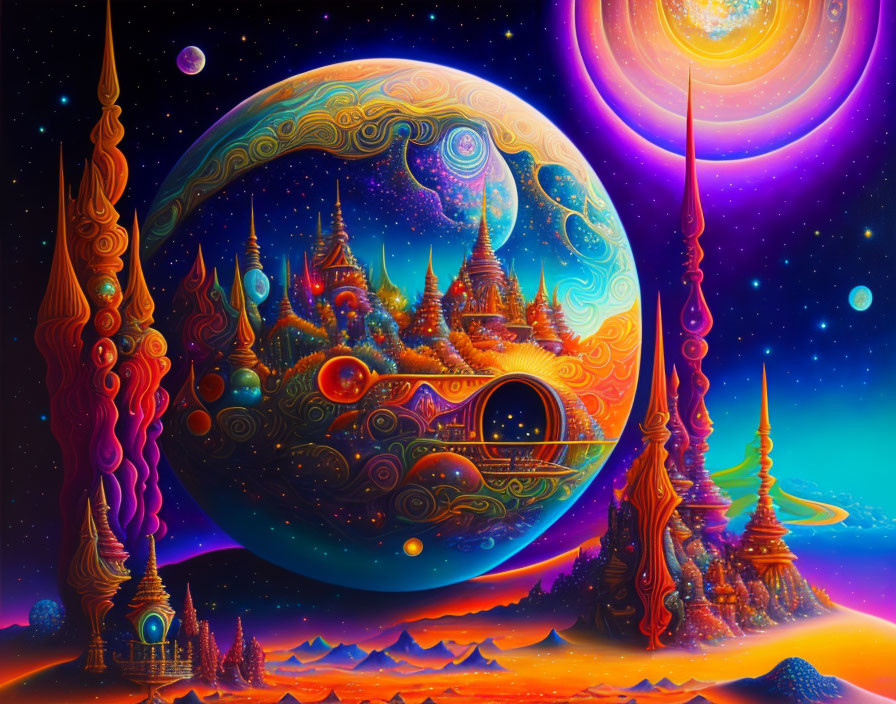 Vibrant psychedelic landscape with twisted spires under detailed moon