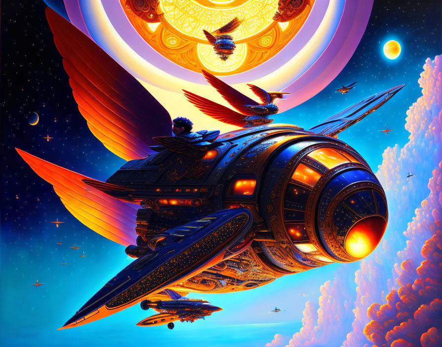 Majestic spaceship with wing-like structures in vibrant sci-fi scene