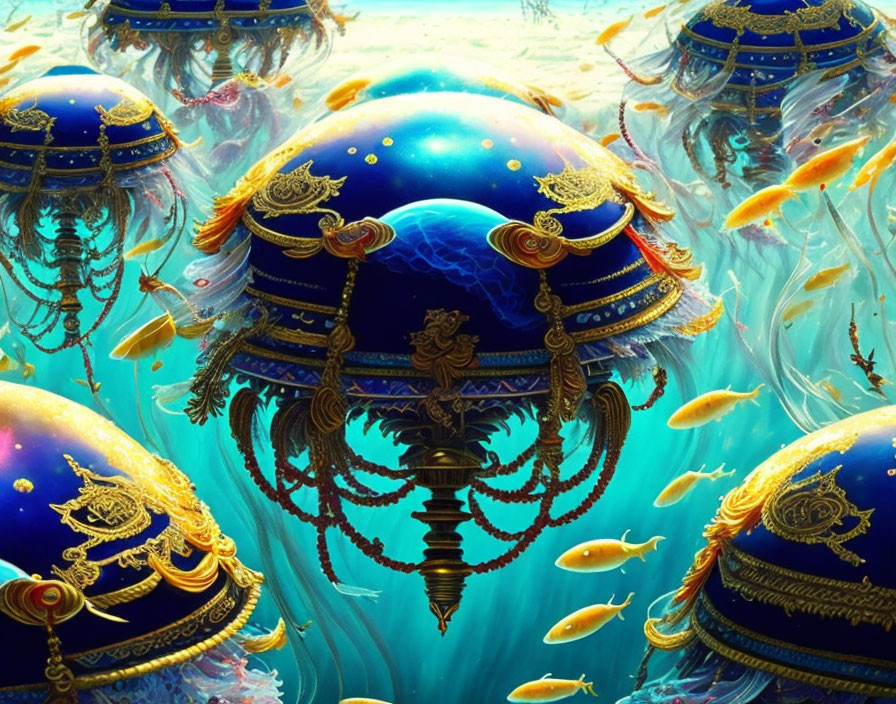 Blue Jellyfish with Golden Patterns Swimming Among Orange Fish in Vibrant Underwater Scene