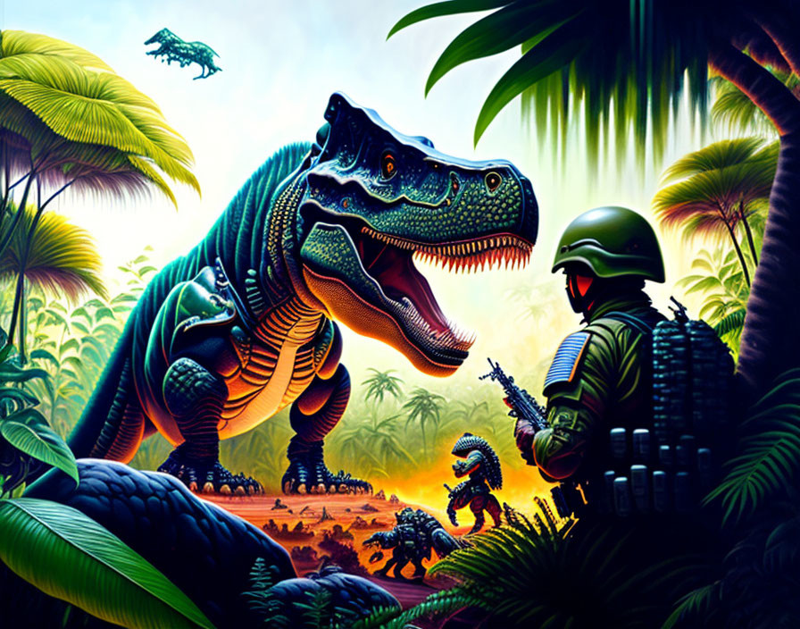 Soldiers on Dinosaurs in Futuristic Military Jungle Scene