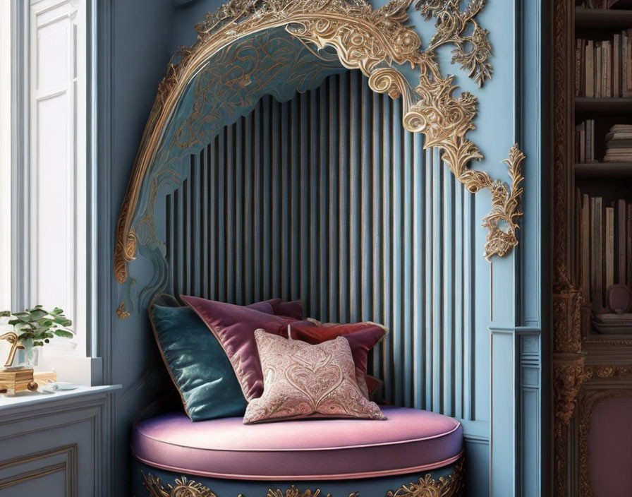 Luxurious interior corner with golden arch, half-circle seat, and tall blue bookshelf