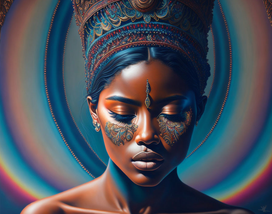 Elaborate Golden Makeup Portrait Against Multicolored Background