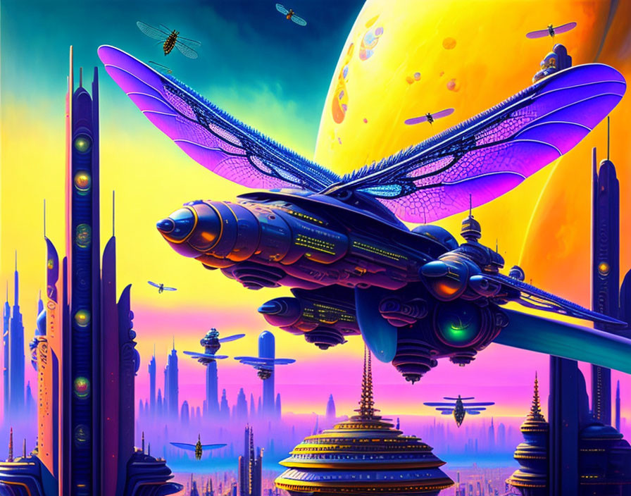 Futuristic cityscape with dragonfly spacecraft and yellow planet