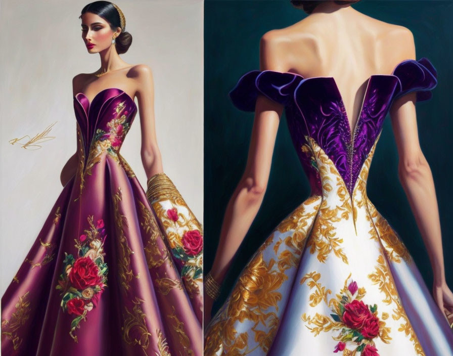 Illustrations: Woman in floral gowns, off-shoulder design, front & back view,