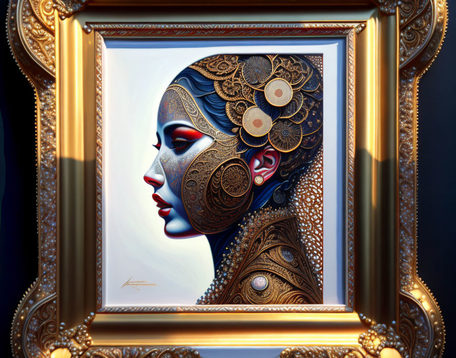 Golden-framed artwork of stylized woman profile with intricate gold jewelry.