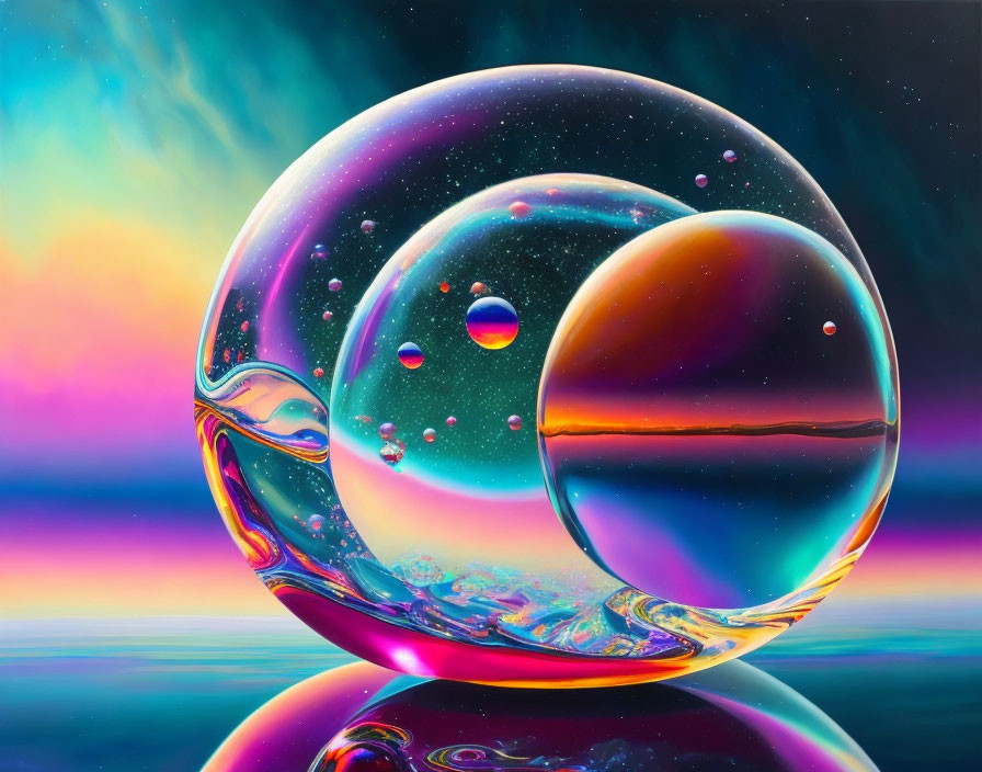 Colorful Close-Up of Iridescent Soap Bubbles on Glossy Surface