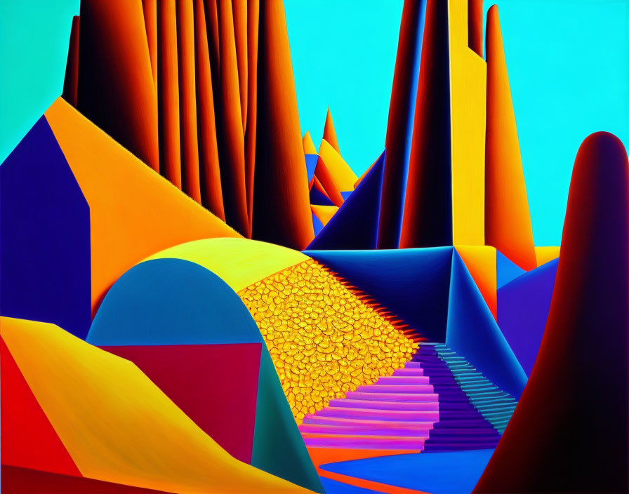 Colorful abstract landscape with geometric shapes and blue stairs