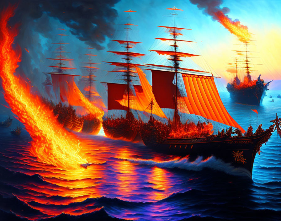 Surreal sea scene: fleet of sailing ships with glowing red sails in fiery atmosphere