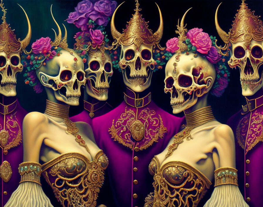 Golden bull skull skeletons in elegant attire on dark background