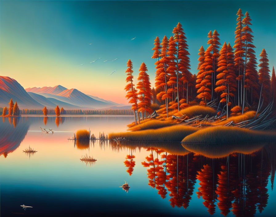 Tranquil Lake with Vibrant Trees and Mountains at Sunrise or Sunset