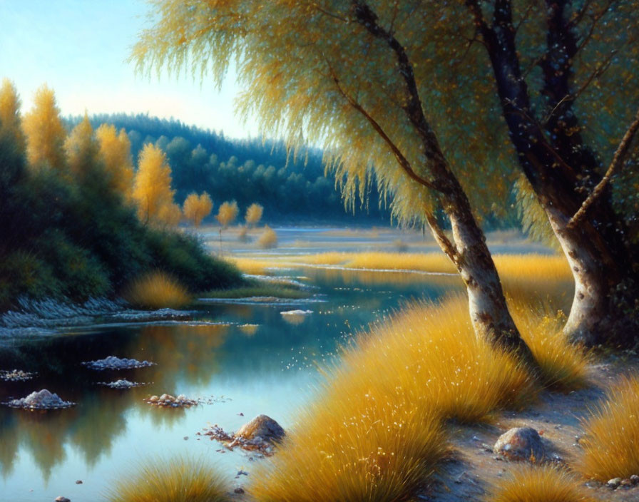 Tranquil landscape with golden grasses, serene waters, and lush trees