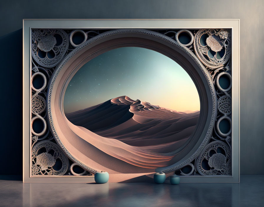 Circular desert scene frame with sand dunes under starry sky