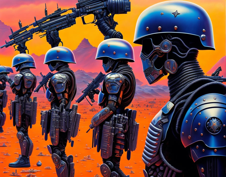 Futuristic soldiers in blue armor with advanced weaponry on alien landscape