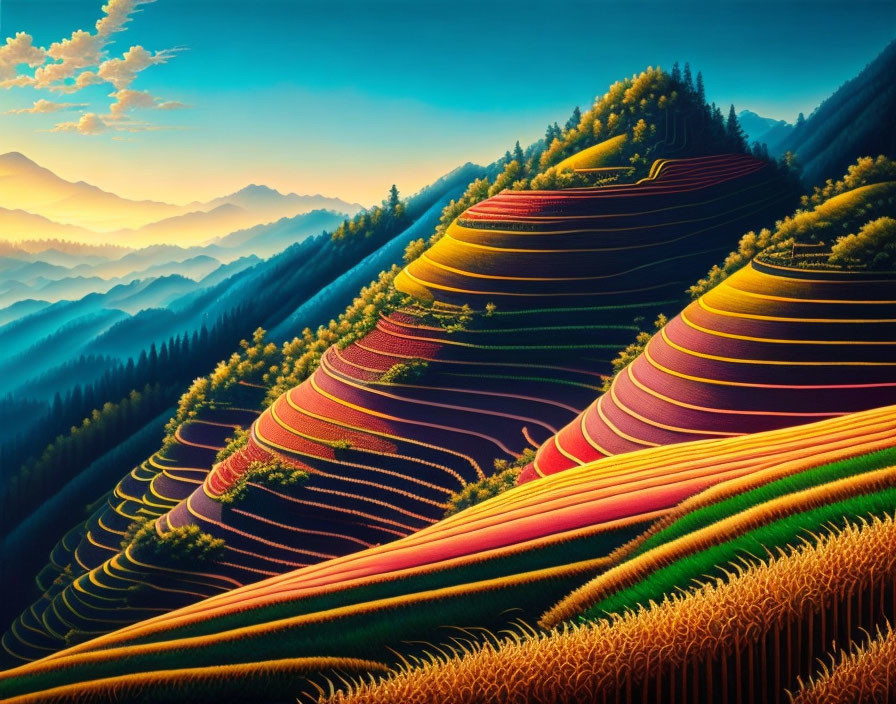 Colorful Terraced Fields and Misty Mountains at Sunrise