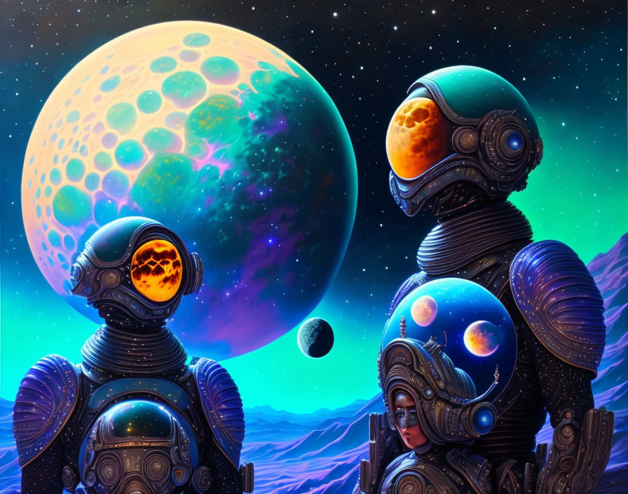 Futuristic astronauts admire colorful moon and celestial bodies