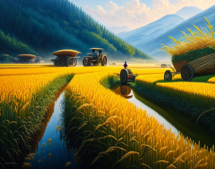 Tranquil golden rice fields with water channels, tractor, and mountains at sunrise or sunset