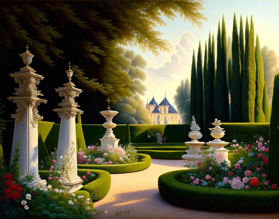 Manicured garden with chateau and ornate pedestals in soft sunlight