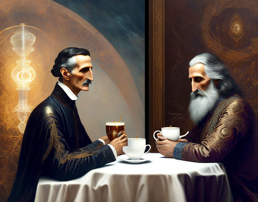 Victorian-era gentlemen at table with cup, ethereal light, intricate patterns