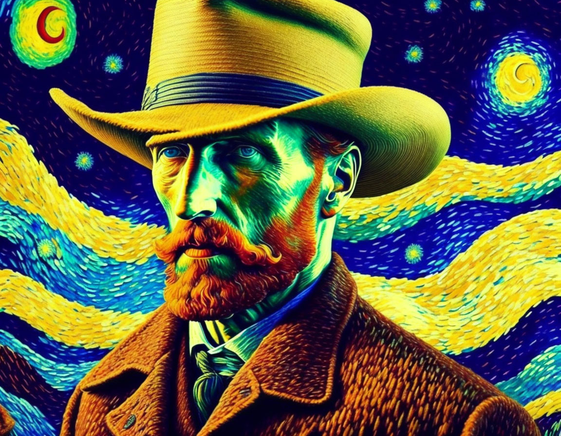 Digital Artwork: Fusion of "Starry Night" & Stylized Portrait in Vibrant Colors