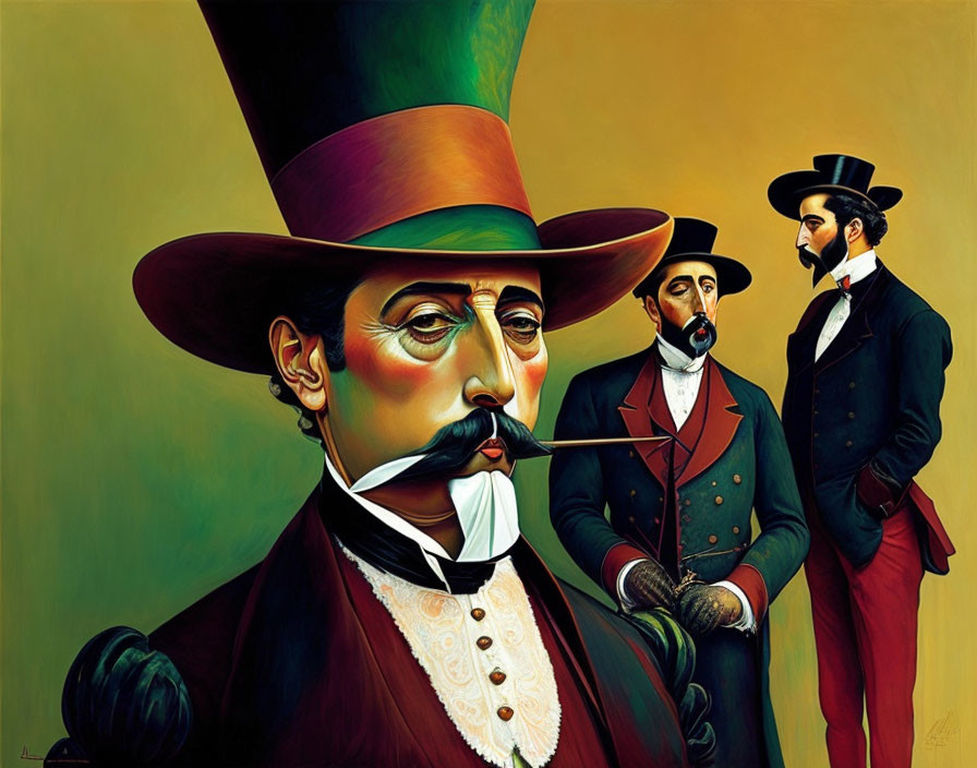 Colorful Surrealist Painting of Stylized Gentlemen in Top Hats