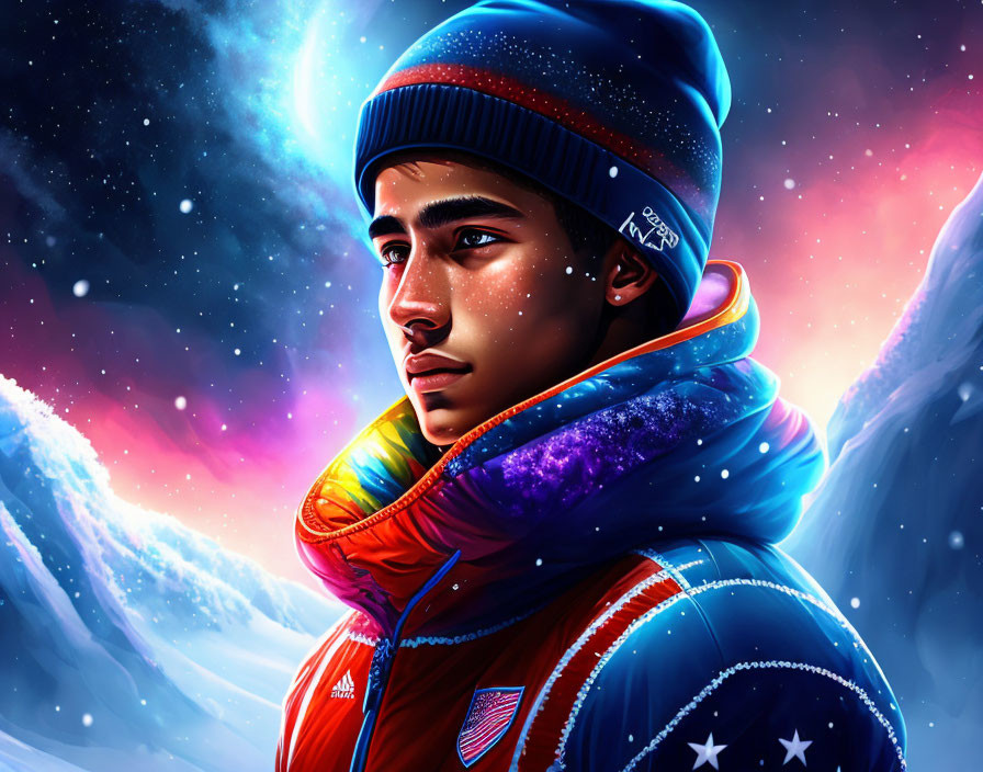 Colorful Winter Jacket and Beanie Portrait Against Space-Themed Backdrop