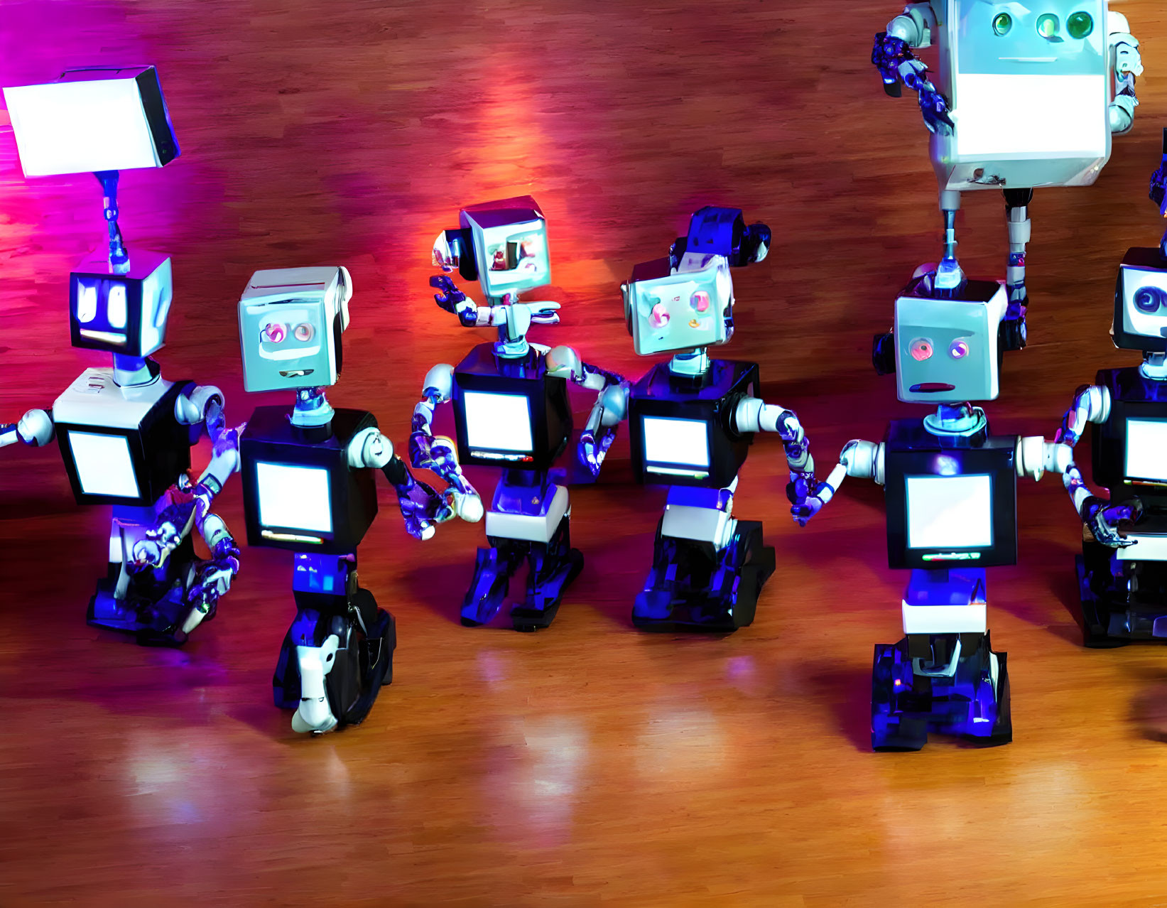 Colorful Cartoon-Style Robots Dancing on Wooden Floor