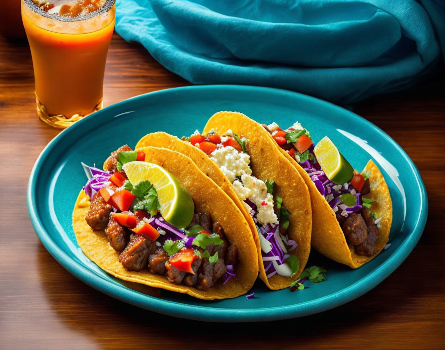 Mexican street tacos with meat, onions, cilantro, cheese, and lime on blue plate