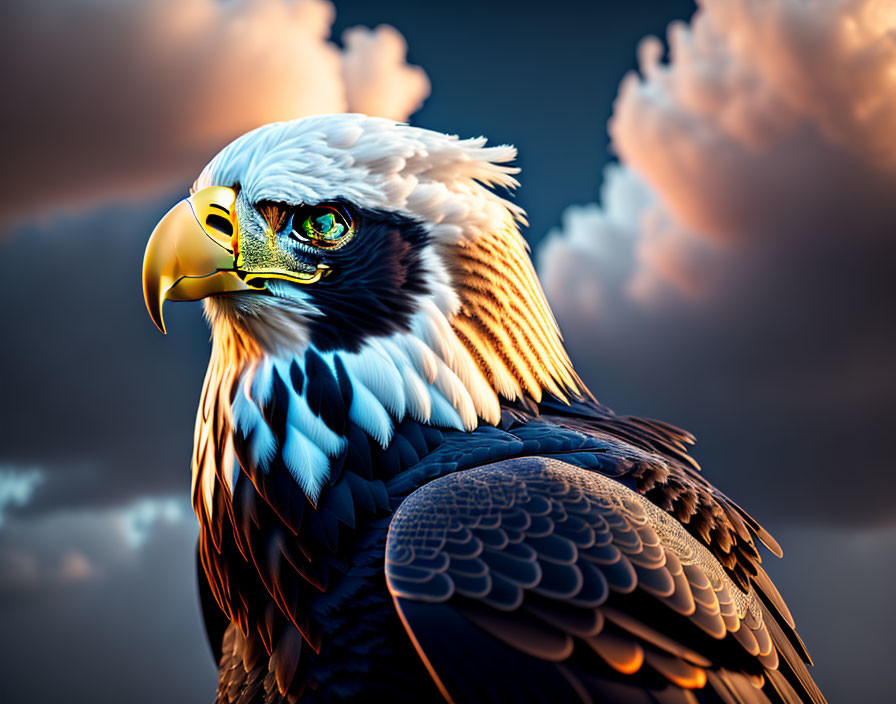 Profile of majestic bald eagle against dramatic cloudy sky with sharp gaze and vibrant plumage.