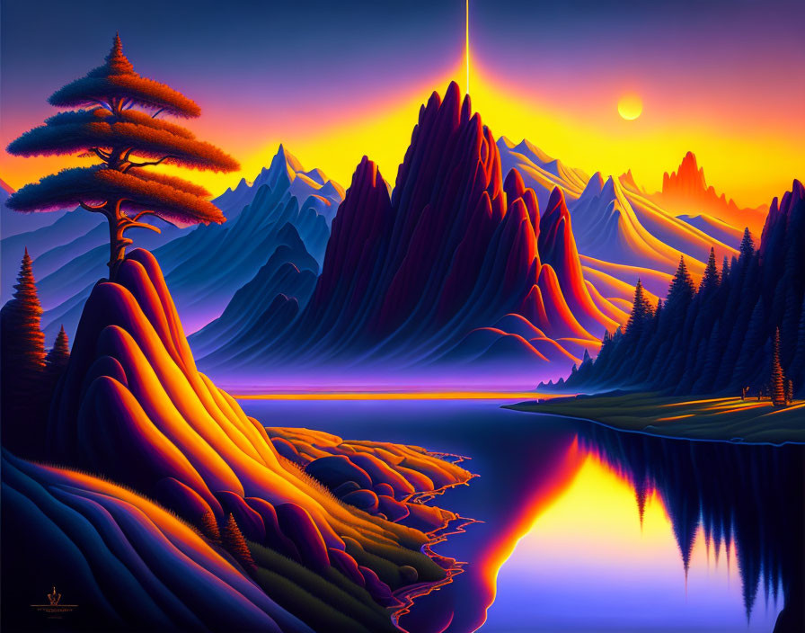 Surreal landscape digital artwork with exaggerated mountains and warm colors