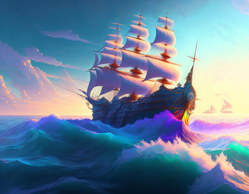 Colorful illustration: grand ship sailing on vibrant ocean waves under pastel sunset