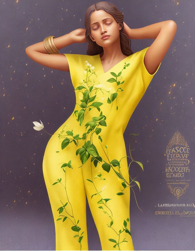 Digital artwork: Woman in yellow jumpsuit with floral designs posing against purple background with golden particles