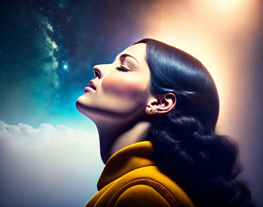 Dark-haired woman in yellow garment against starry sky and clouds.