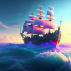 Colorful illustration: grand ship sailing on vibrant ocean waves under pastel sunset