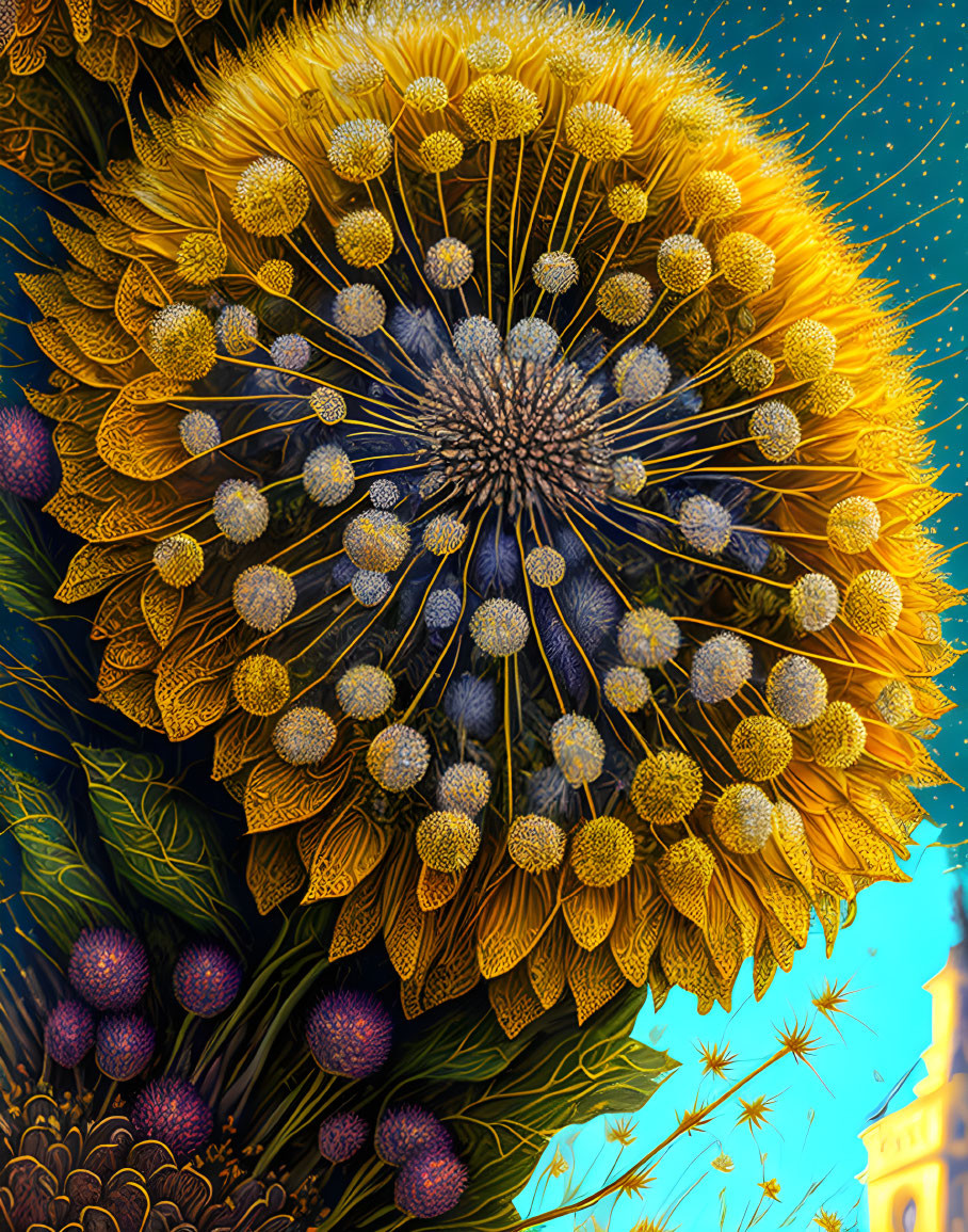 Digital artwork: Golden flowers cluster in celestial setting