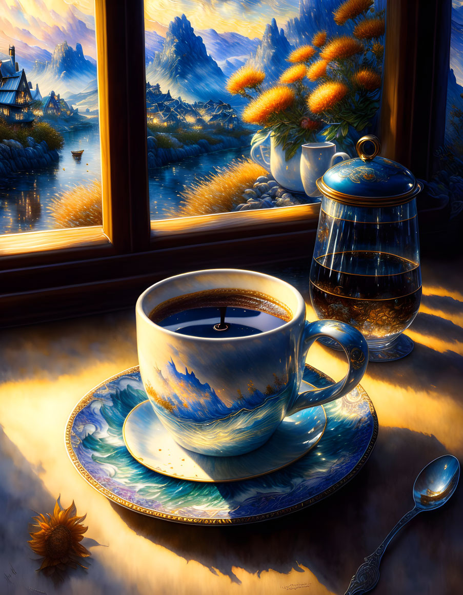 Soothing coffee cup and spoon on painted saucer by window with serene sunset landscape