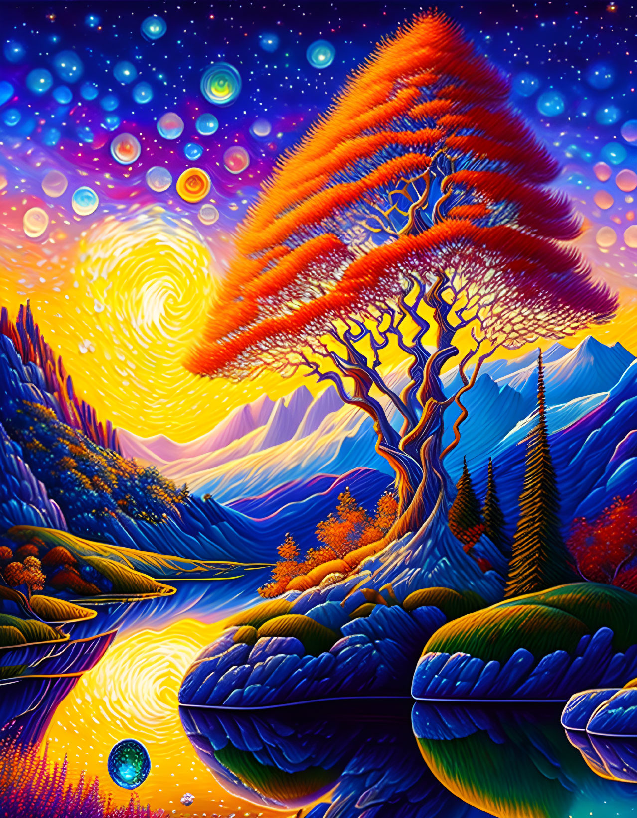 Colorful Psychedelic Landscape with Swirling Sky, Fiery Tree, Rivers, Mountains, and