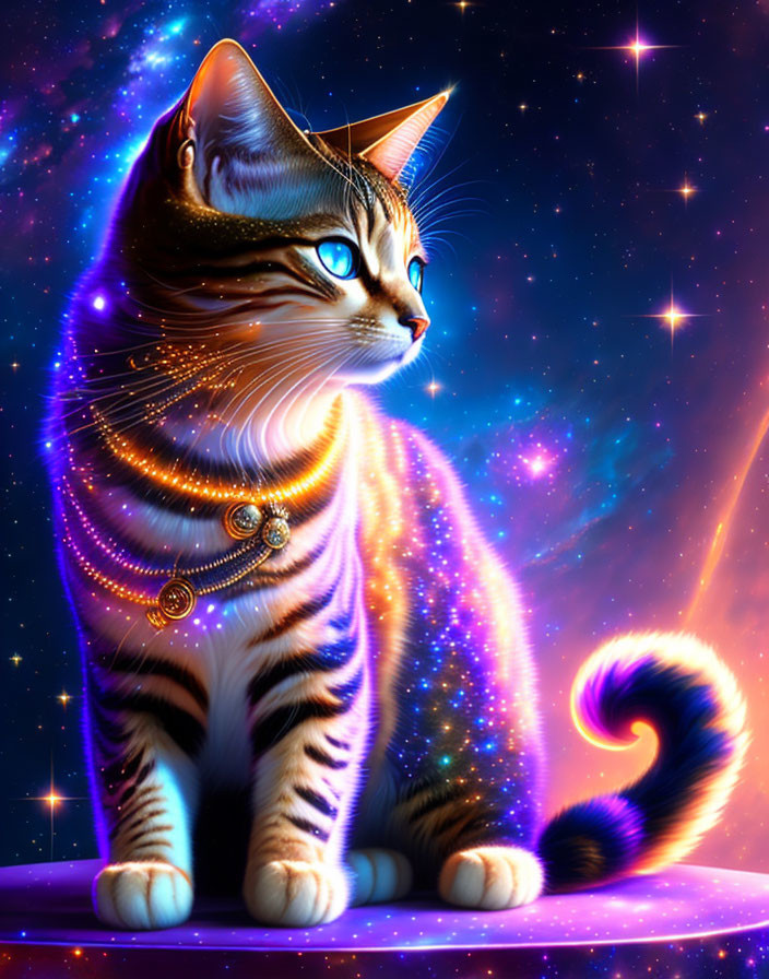 Majestic cat with cosmic patterns and celestial jewelry in vibrant space scene