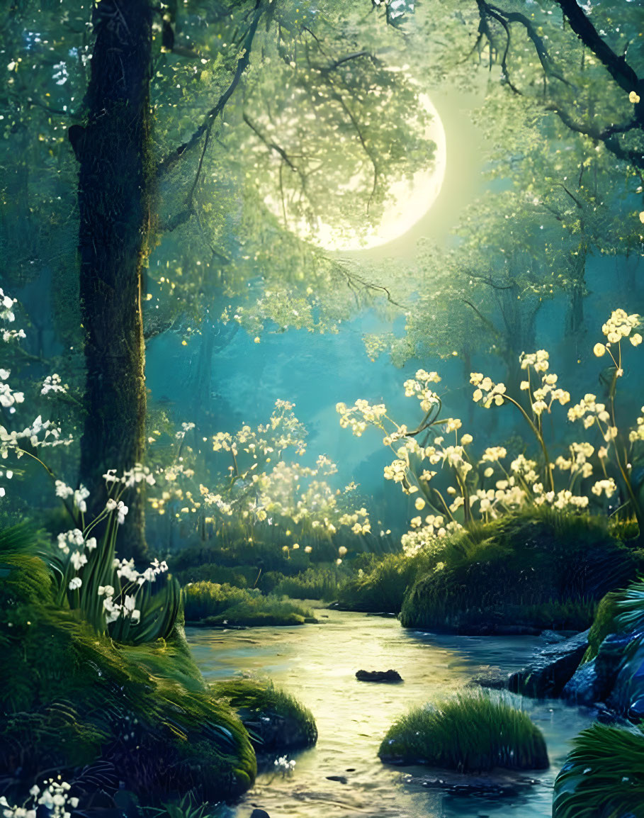 Enchanted forest scene with sunlit stream and blooming white flowers